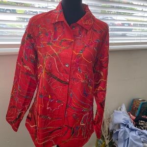 Chico’s red silk embroidery magnificent color’s beautiful shirt button down